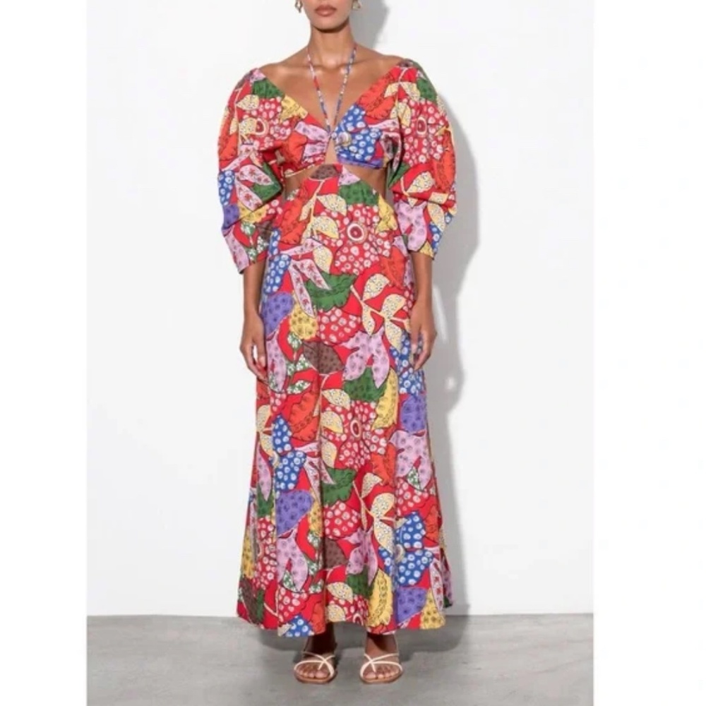Mara Hoffman Maxi Floral Cut-Out Shaina Puff-Sleeve Dress Organic Cotton Sz. L - Picture 4 of 12